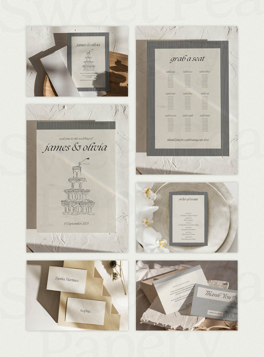 Full Stationery Grid of the Noir & Linen Wedding Collection displaying save the dates, wedding vow cards, bridal vow stationery and rsvps, styled for a beautiful wedding and gift wedding moments using canva templates, canvas designs and love for story.