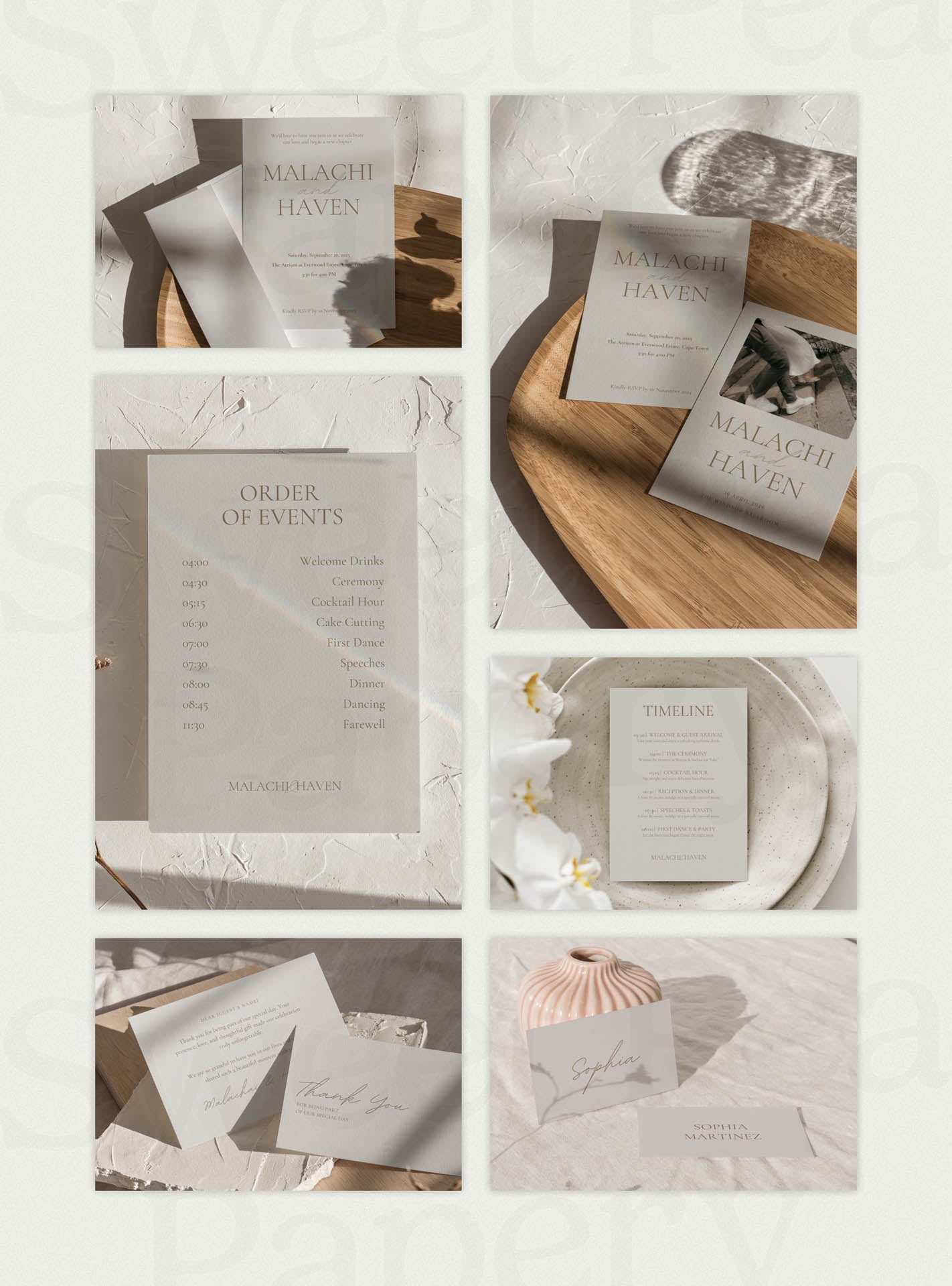 Stationery Grid of the Modern Boho Wedding Collection displaying save the dates, wedding vow cards, bridal vow stationery and rsvps, styled for a beautiful wedding and gift wedding moments using canva templates, canva designs and love for story.