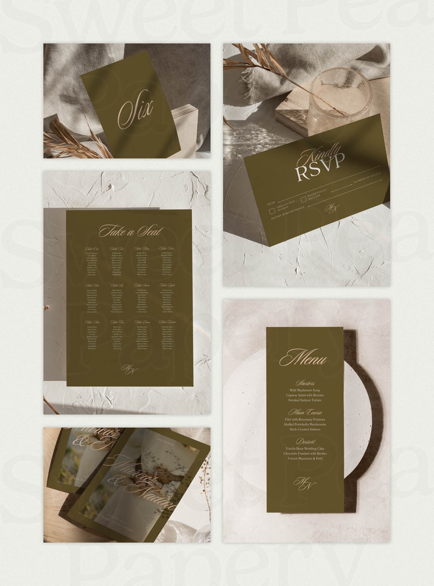 Olive Dreams beautiful wedding stationery flat lay featuring save the dates, wedding vow typography, bridal vow details, rsvps, gift wedding styling, the save the date layouts and love for story canva templates.