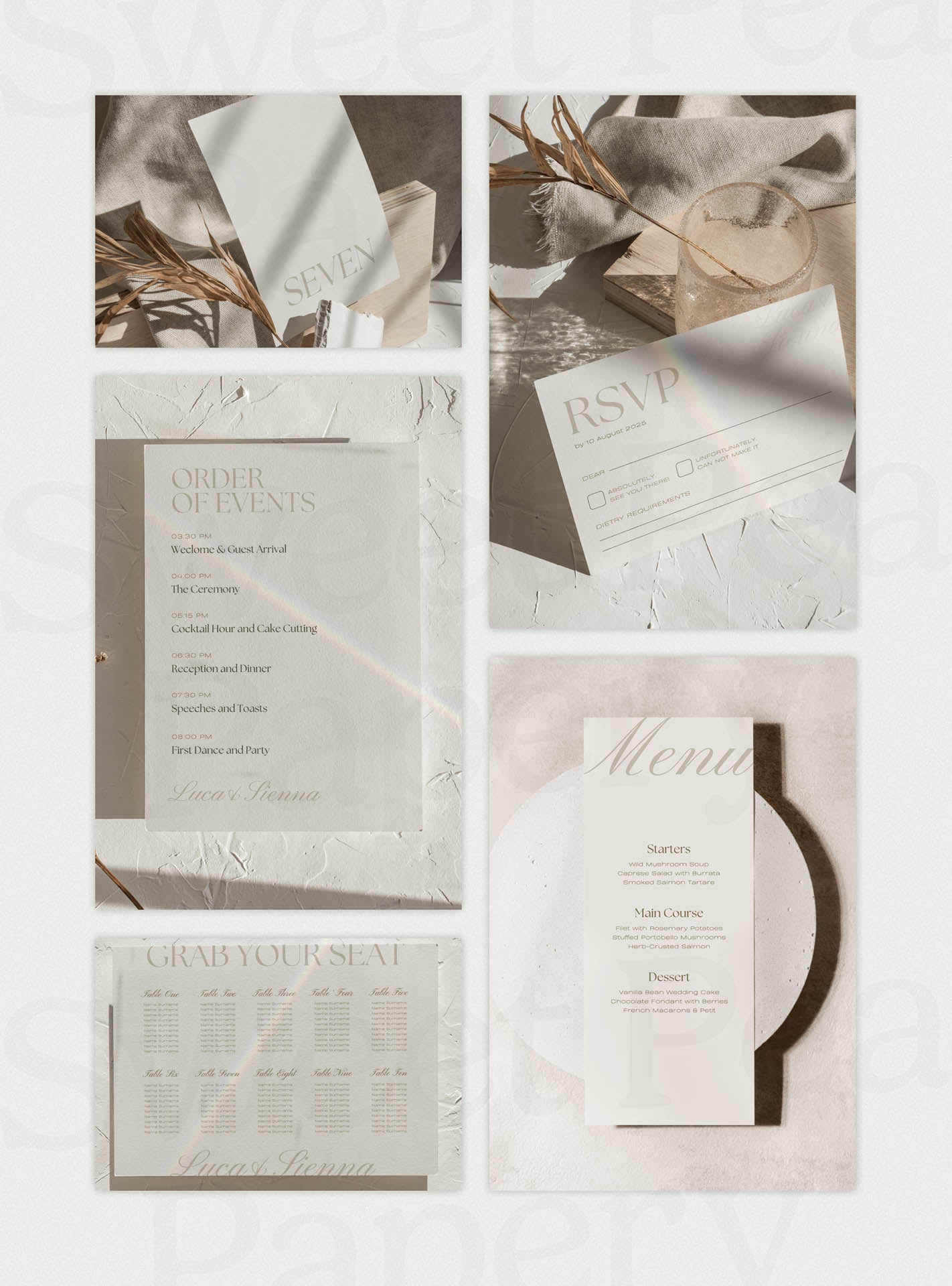 Second full stationery grid showcasing Mocha Luxe save the dates, the save the date cards, wedding vow stationery, rsvps and love for story details, styled for a beautiful wedding using canva templates, canvas designs and modern stationery store layouts.