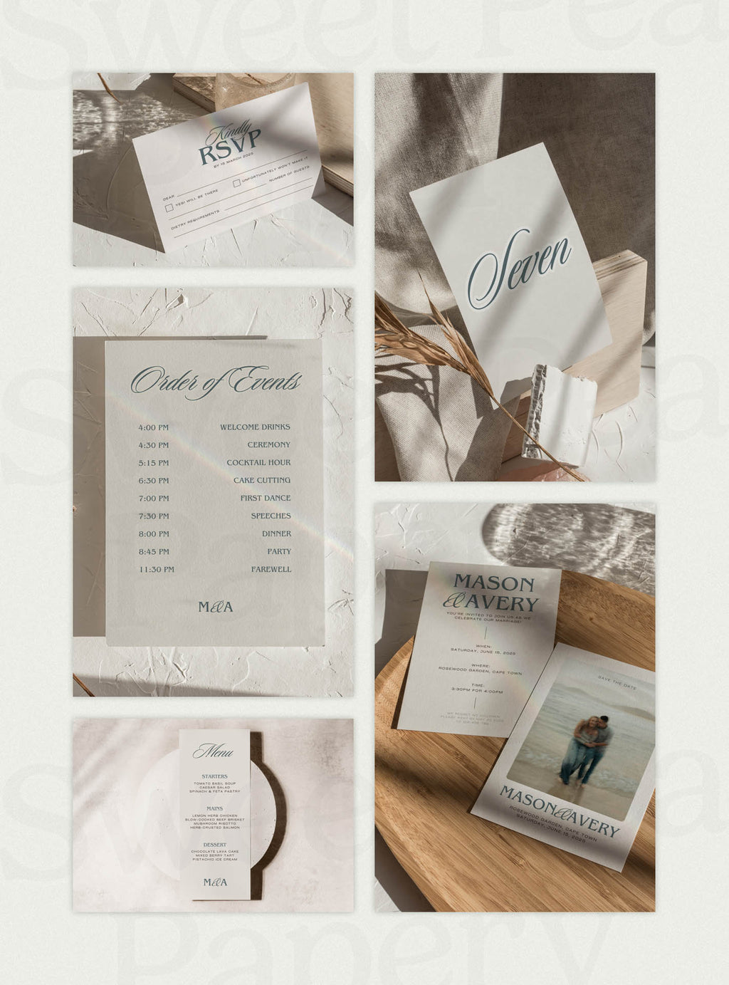Full Stationery Grid showcasing Harbour Wedding Collection stationery including save these dates, vow on wedding cards, rsvps, table stationery and the save the date layouts, created with canva templates for wedding and wedding celebrations