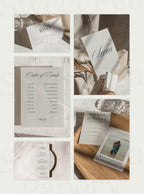 Full Stationery Grid showcasing Harbour Wedding Collection stationery including save these dates, vow on wedding cards, rsvps, table stationery and the save the date layouts, created with canva templates for wedding and wedding celebrations