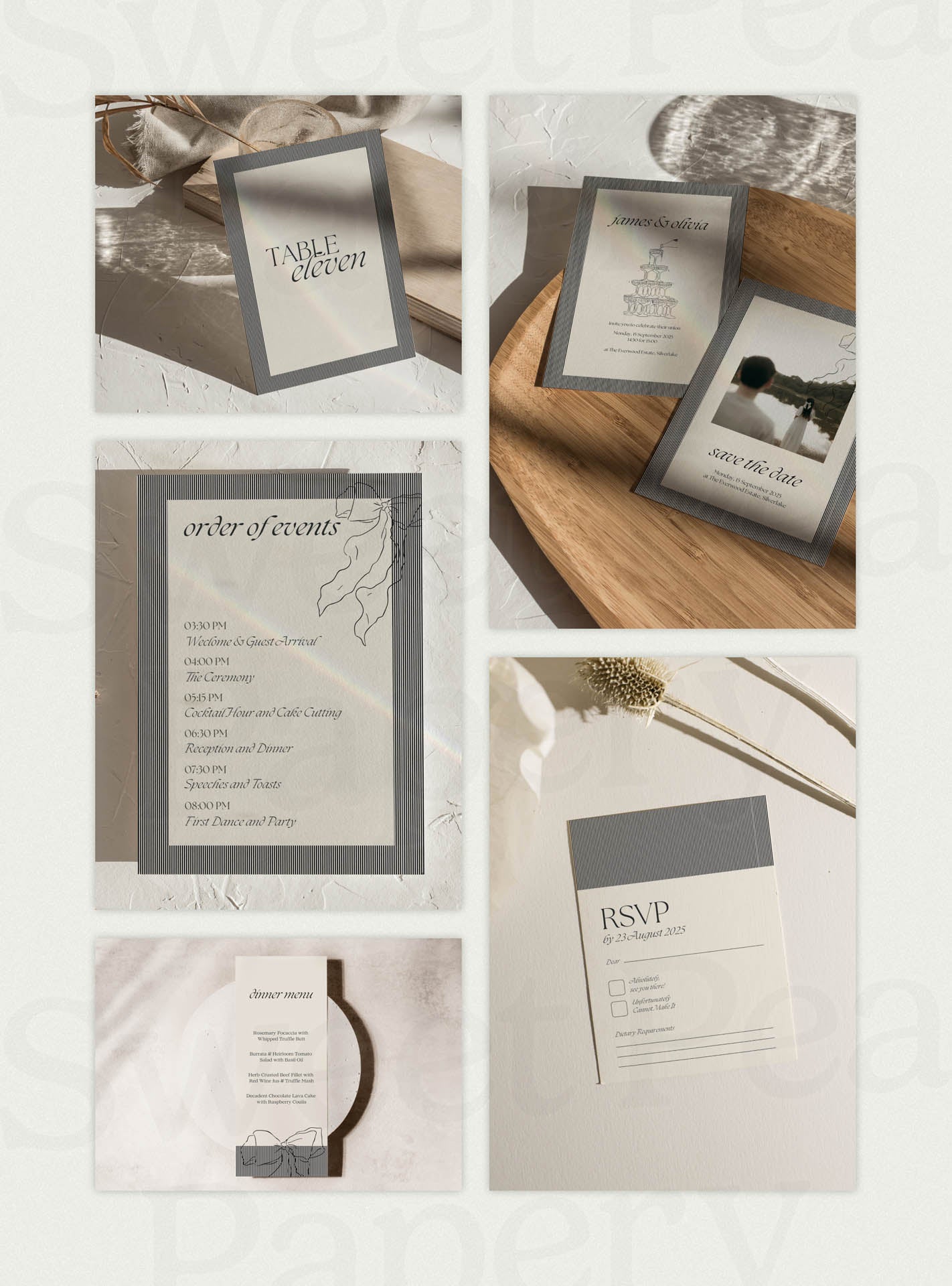 Stationery Grid showcasing Noir & Linen wedding stationery including save these dates, vow on wedding cards, rsvps and table stationery, designed for wedding and wedding celebrations with canva templates, canvas designs and the save the date aesthetic.