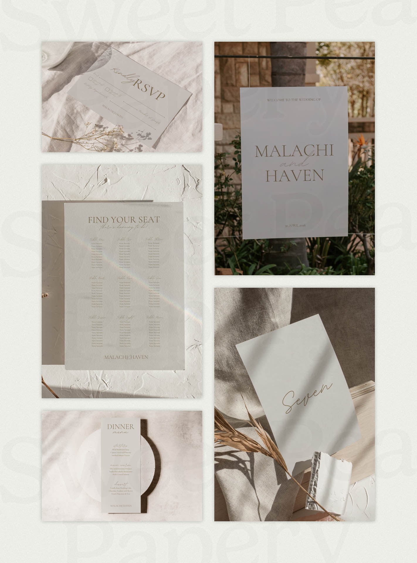 Stationery Grid showcasing Modern Boho wedding stationery including save these dates, vow on wedding cards, rsvps, table numbers and menus, designed for wedding and wedding celebrations with canva templates, the save the date layouts and stationery stores.