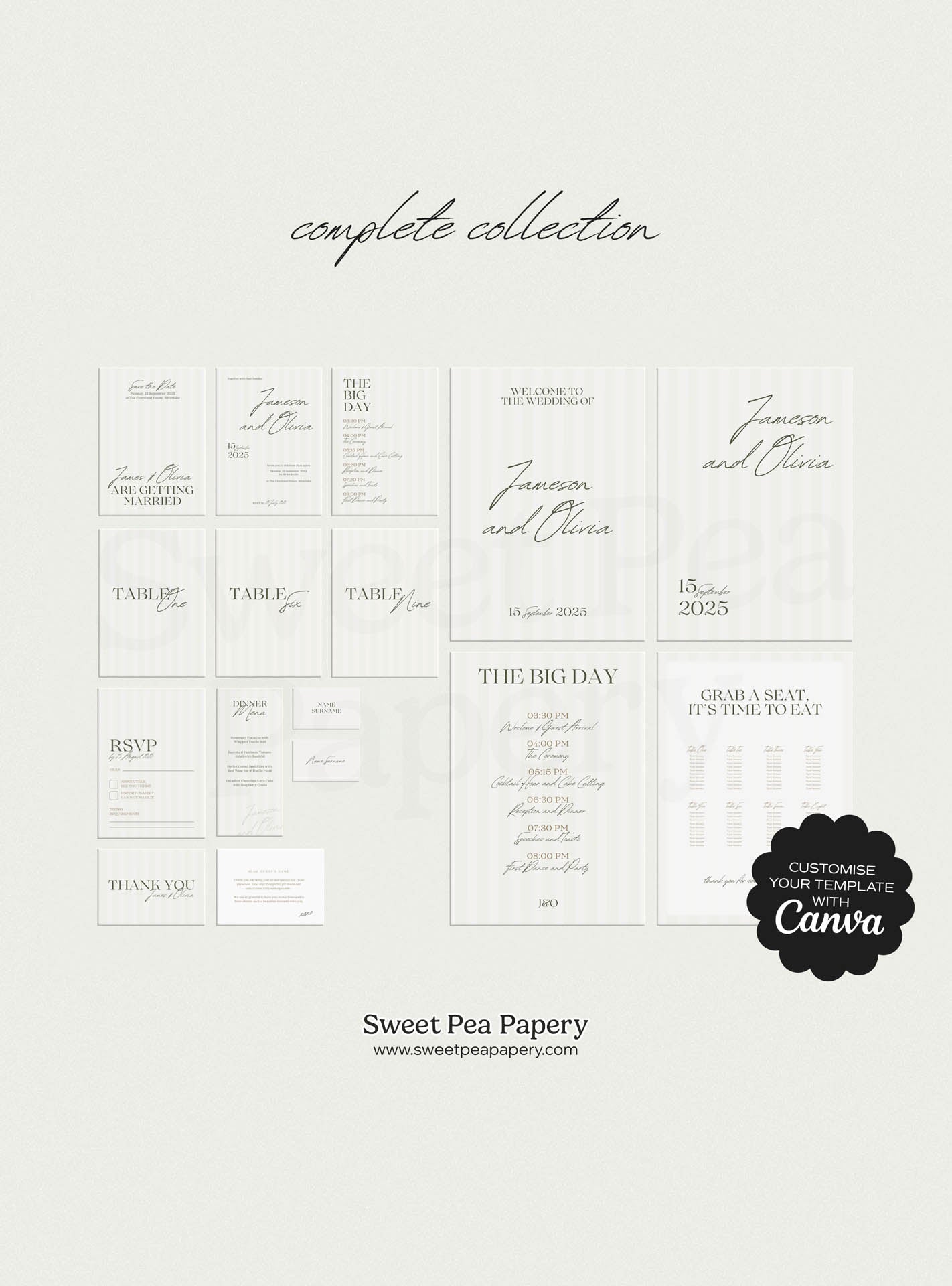 Complete wedding and wedding stationery layout showing save the dates, rsvps, wedding vow cards and bridal vow elements, a beautiful wedding gift wedding collection focused on love for story details and fully editable canva templates.
