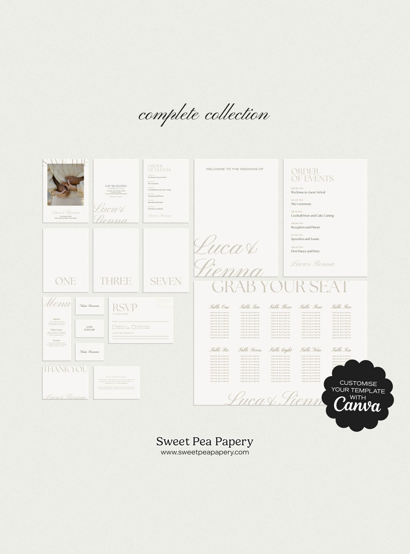 Complete Mocha Luxe Wedding Collection layout featuring save the dates, wedding vow cards, bridal vow stationery, rsvps and signage, designed as a cohesive gift wedding suite using canva templates, powerpoint presentation templates and premium stationery stores styling.