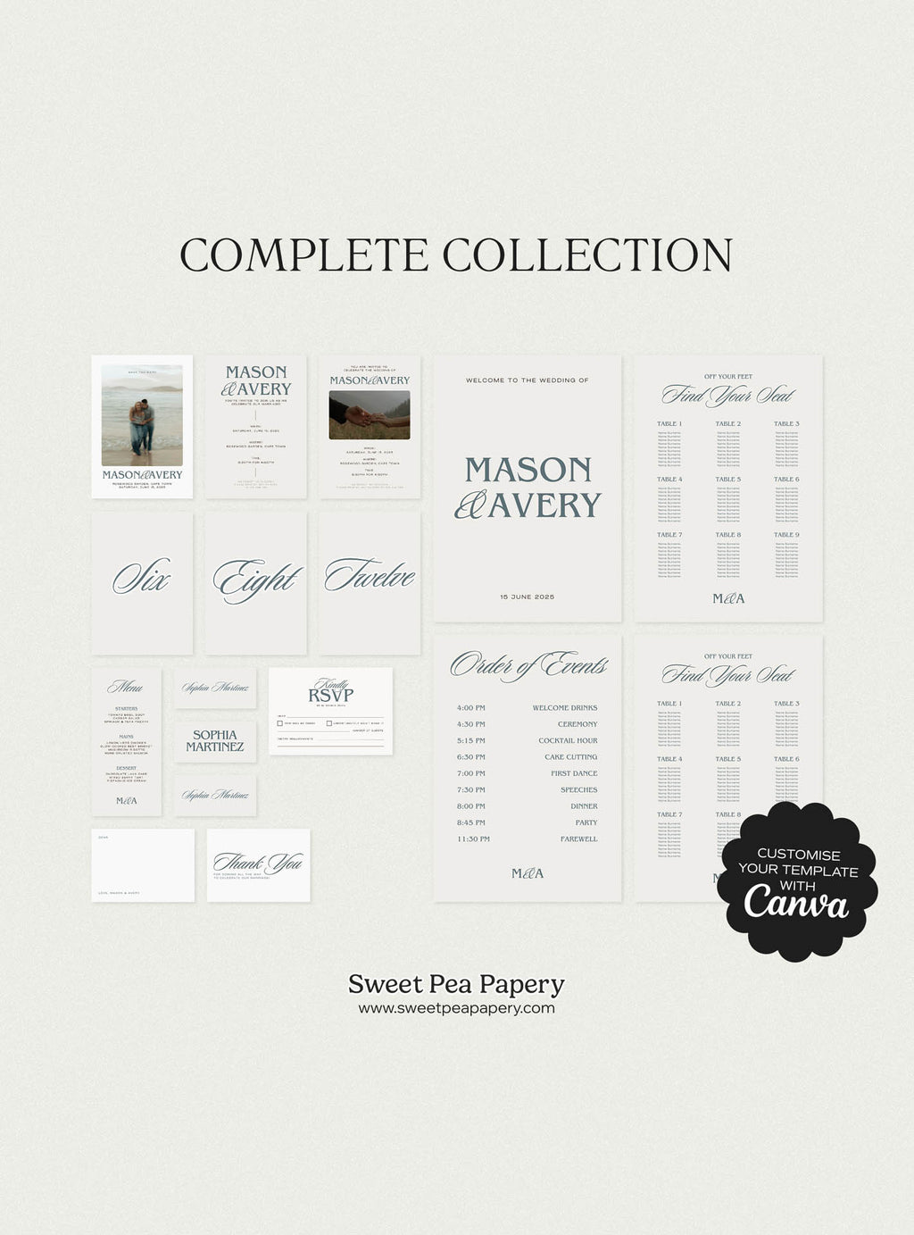 Complete Harbour Wedding Collection overview showing all save the dates, wedding vow stationery, rsvps, menus and signage together, ideal for a gift wedding and love for story using professional canva templates and stationery store designs