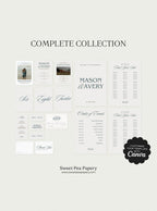 Complete Harbour Wedding Collection overview showing all save the dates, wedding vow stationery, rsvps, menus and signage together, ideal for a gift wedding and love for story using professional canva templates and stationery store designs