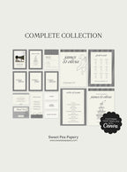 Complete Noir & Linen Wedding Collection showing all save the dates, wedding vow stationery, bridal vow designs, rsvps, menus and signage together, perfect for a beautiful wedding and gift wedding suite using canva templates and stationery stores styling.
