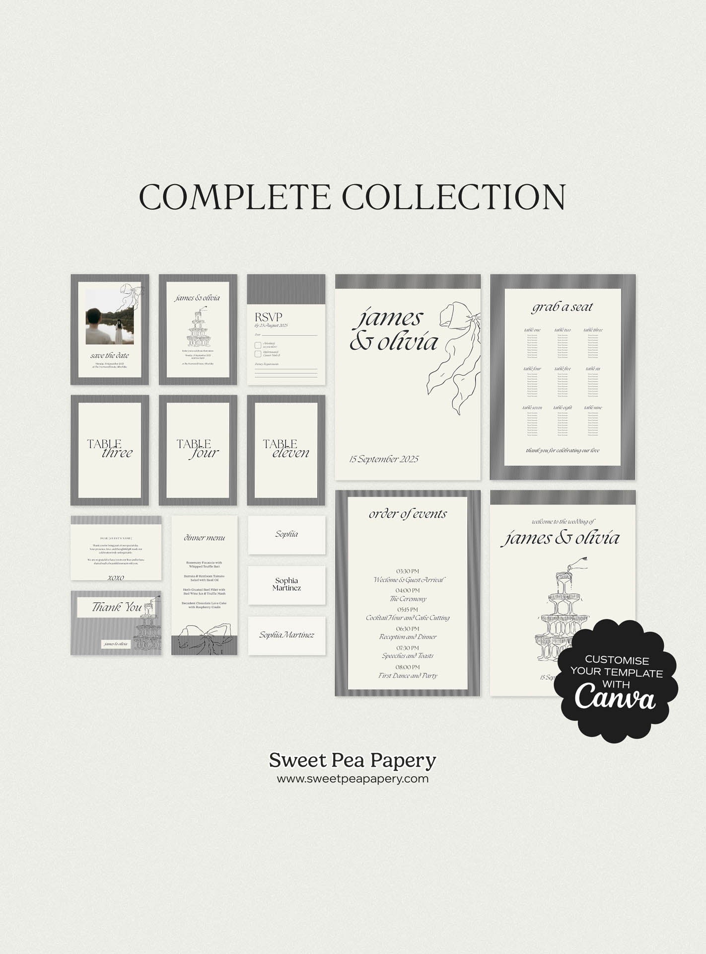 Complete Noir & Linen Wedding Collection showing all save the dates, wedding vow stationery, bridal vow designs, rsvps, menus and signage together, perfect for a beautiful wedding and gift wedding suite using canva templates and stationery stores styling.