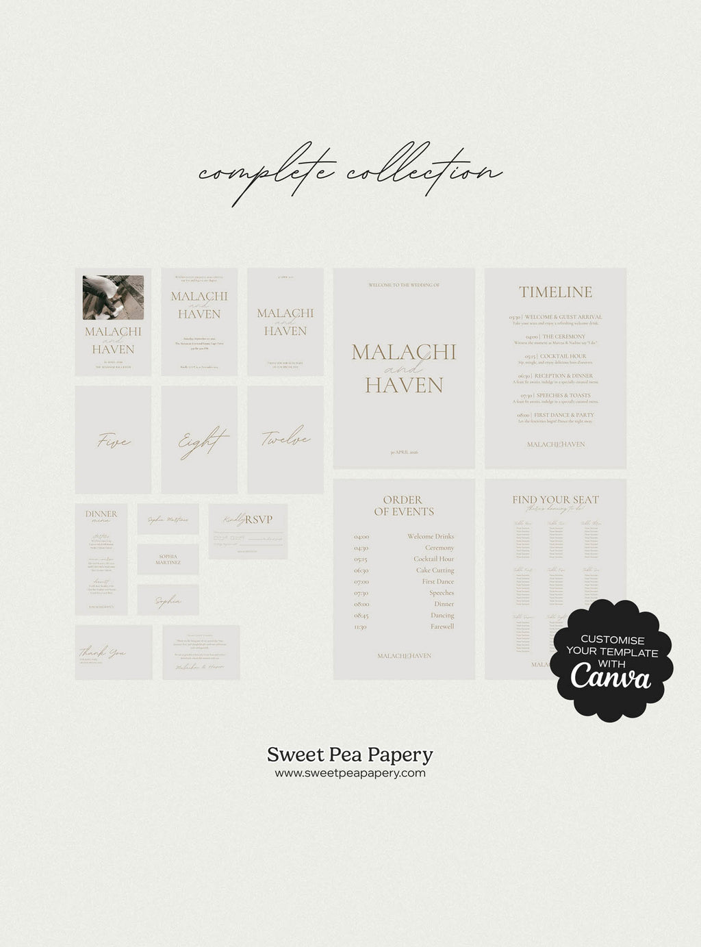 Complete Modern Boho Wedding Collection showing all save the dates, wedding vow stationery, bridal vow designs, rsvps, signage and table stationery together, ideal for a beautiful wedding and gift wedding suite using canva templates and stationery stores styling.