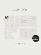Complete Modern Boho Wedding Collection showing all save the dates, wedding vow stationery, bridal vow designs, rsvps, signage and table stationery together, ideal for a beautiful wedding and gift wedding suite using canva templates and stationery stores styling.