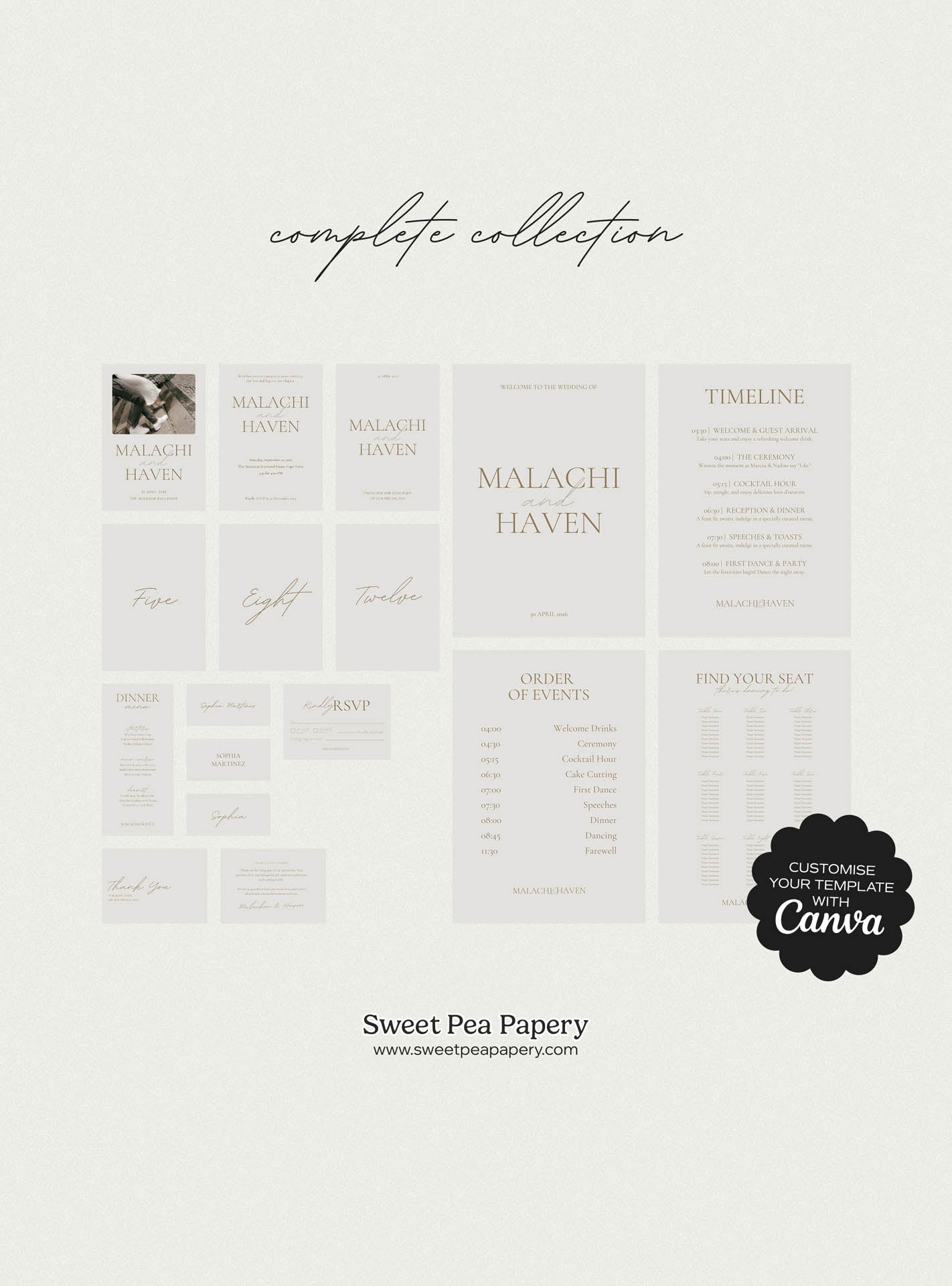 Complete Modern Boho Wedding Collection showing all save the dates, wedding vow stationery, bridal vow designs, rsvps, signage and table stationery together, ideal for a beautiful wedding and gift wedding suite using canva templates and stationery stores styling.