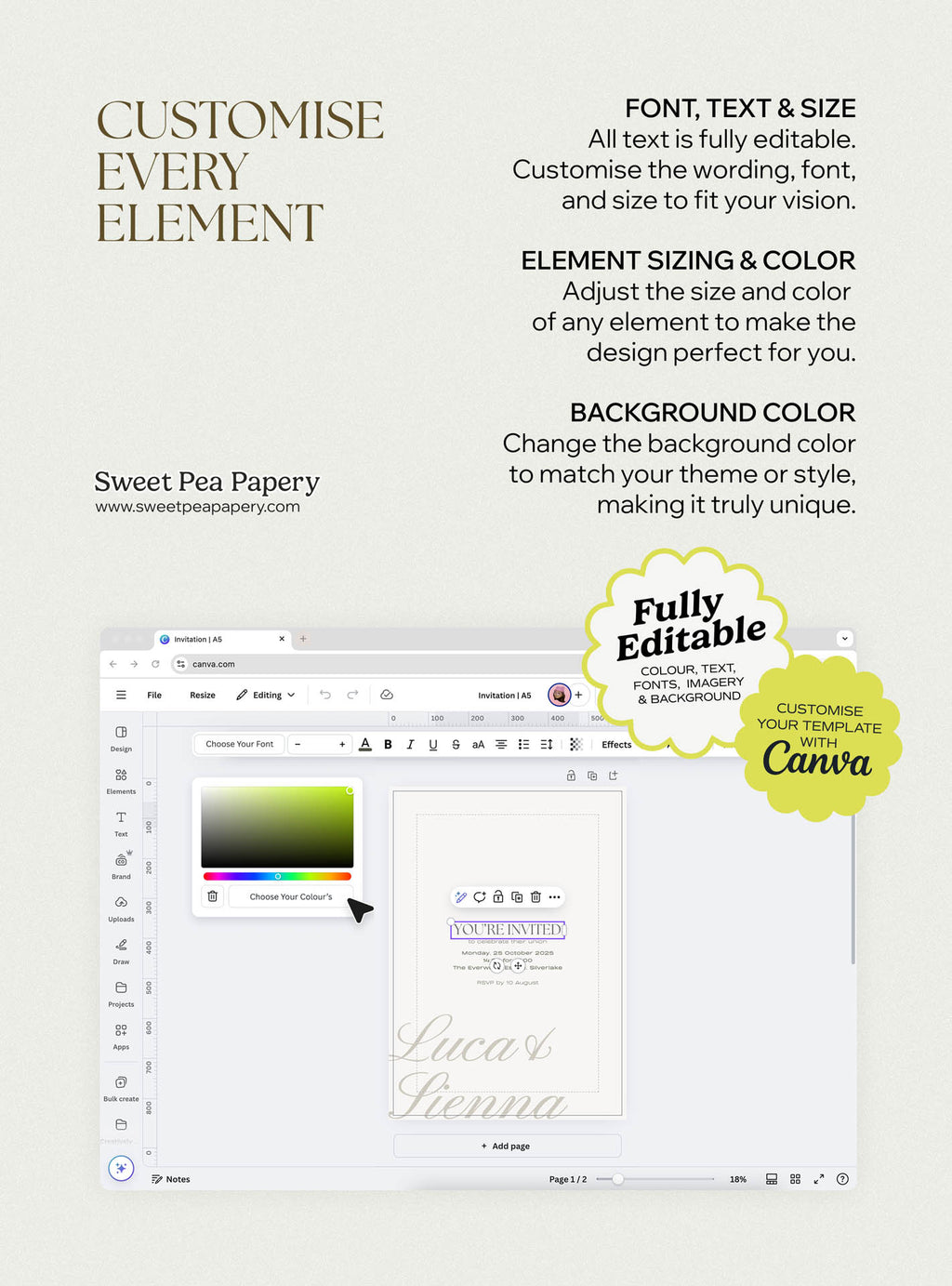 Customisation view of Mocha Luxe Wedding Collection showing editable wedding vow text, save the dates and rsvps inside canva templates, allowing full control of fonts, colours and layout for a beautiful wedding using designs and canva tools.