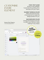 Customisation view of Mocha Luxe Wedding Collection showing editable wedding vow text, save the dates and rsvps inside canva templates, allowing full control of fonts, colours and layout for a beautiful wedding using designs and canva tools.