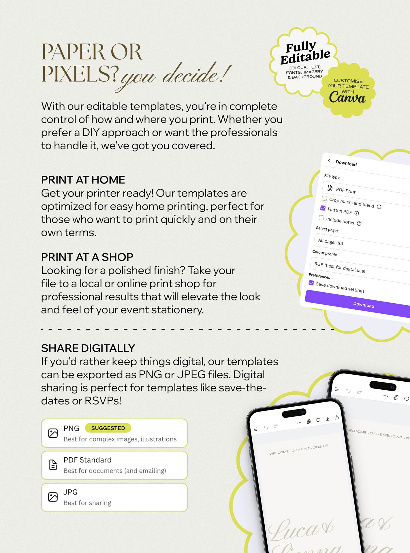 Paper or pixels option for Mocha Luxe Wedding Collection showing save the dates and rsvps designed for print or digital sharing, ideal for a beautiful wedding, gift wedding or online use with canva templates, canvas designs and the save the date formats.