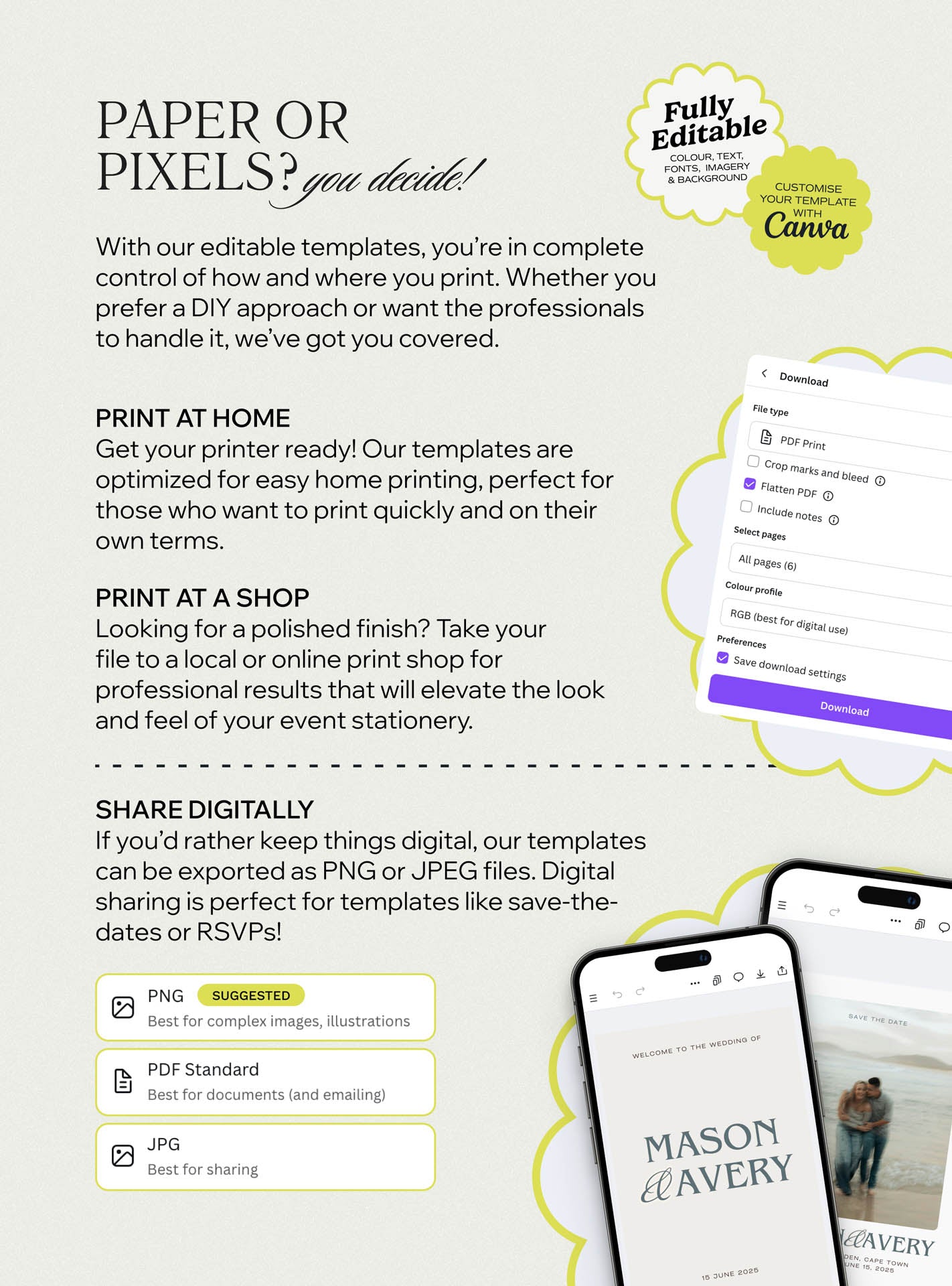 Paper or pixels option for the Harbour Wedding Collection showing save the date designs shared digitally or printed, using canva templates and canvas designs for beautiful wedding stationery and modern stationery stores