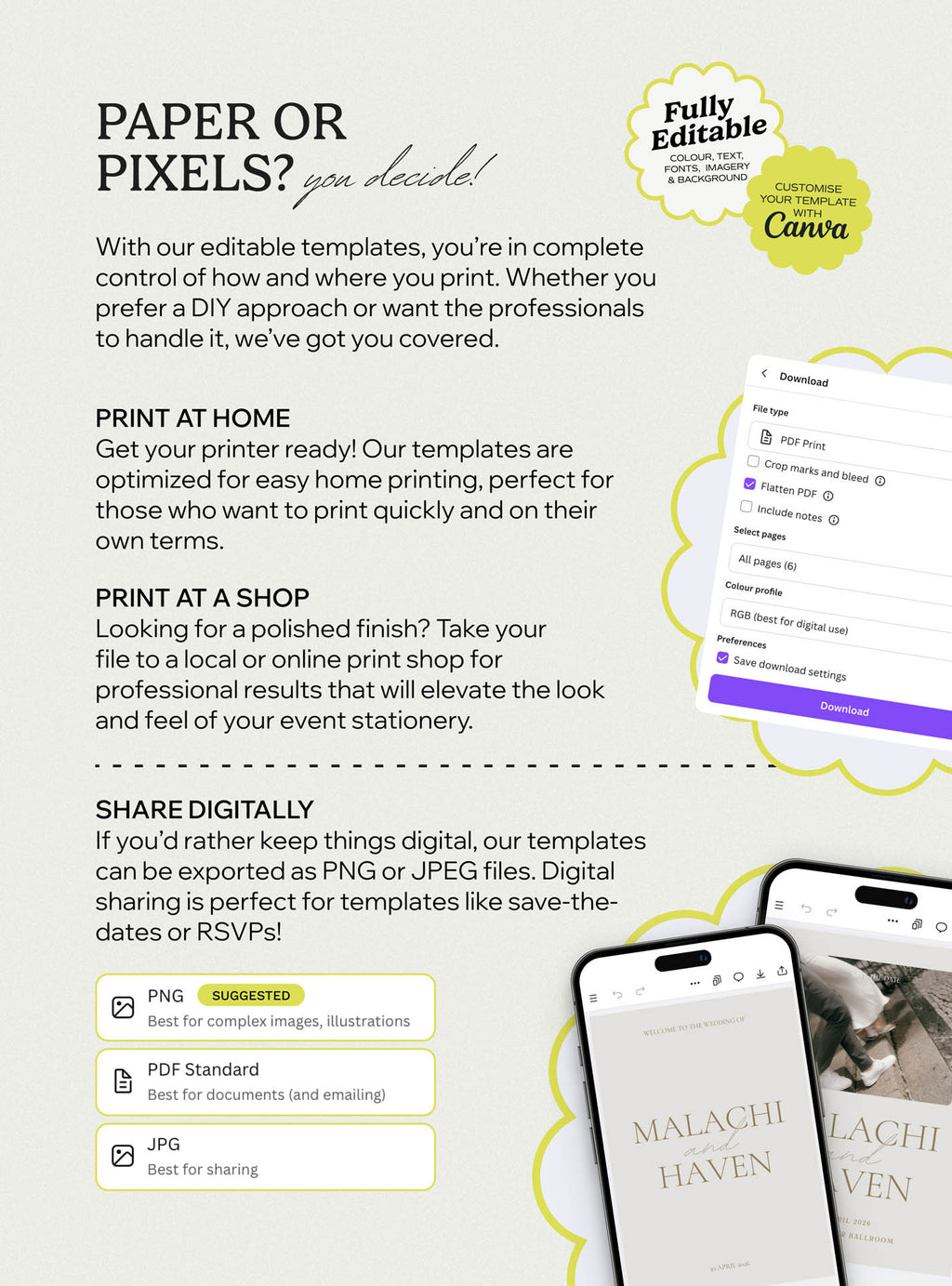 Paper or pixels option for Modern Boho wedding stationery showing save the date designs printed or shared digitally, perfect for a beautiful wedding or gift wedding using canva templates, the save the date formats and modern stationery stores.