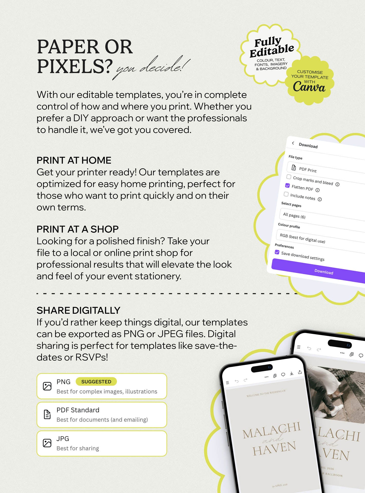 Paper or pixels option for Modern Boho wedding stationery showing save the date designs printed or shared digitally, perfect for a beautiful wedding or gift wedding using canva templates, the save the date formats and modern stationery stores.