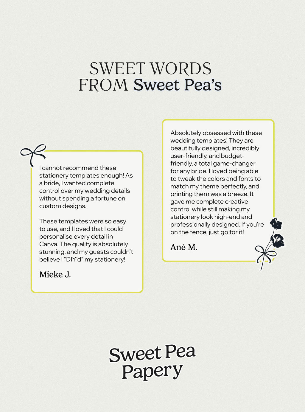 Customer testimonials for Sweet Pea Papery Harbour Wedding Collection praising beautiful wedding stationery, easy canva templates, editable save the dates, rsvps and wedding vow designs loved by modern brides