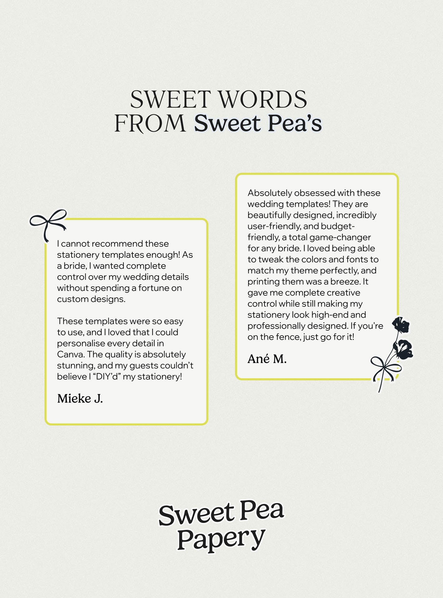 Customer testimonials for Sweet Pea Papery Harbour Wedding Collection praising beautiful wedding stationery, easy canva templates, editable save the dates, rsvps and wedding vow designs loved by modern brides